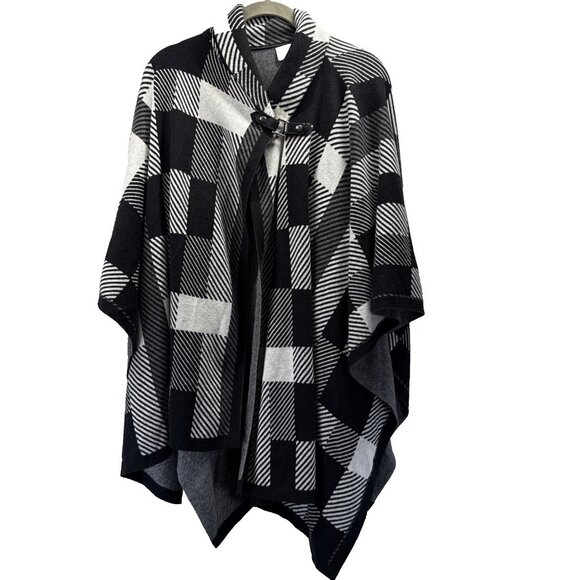 Chicos Sweater Knit Poncho Cardigan One Size Black White Plaid Knit Kimono Arms - Picture 1 of 8